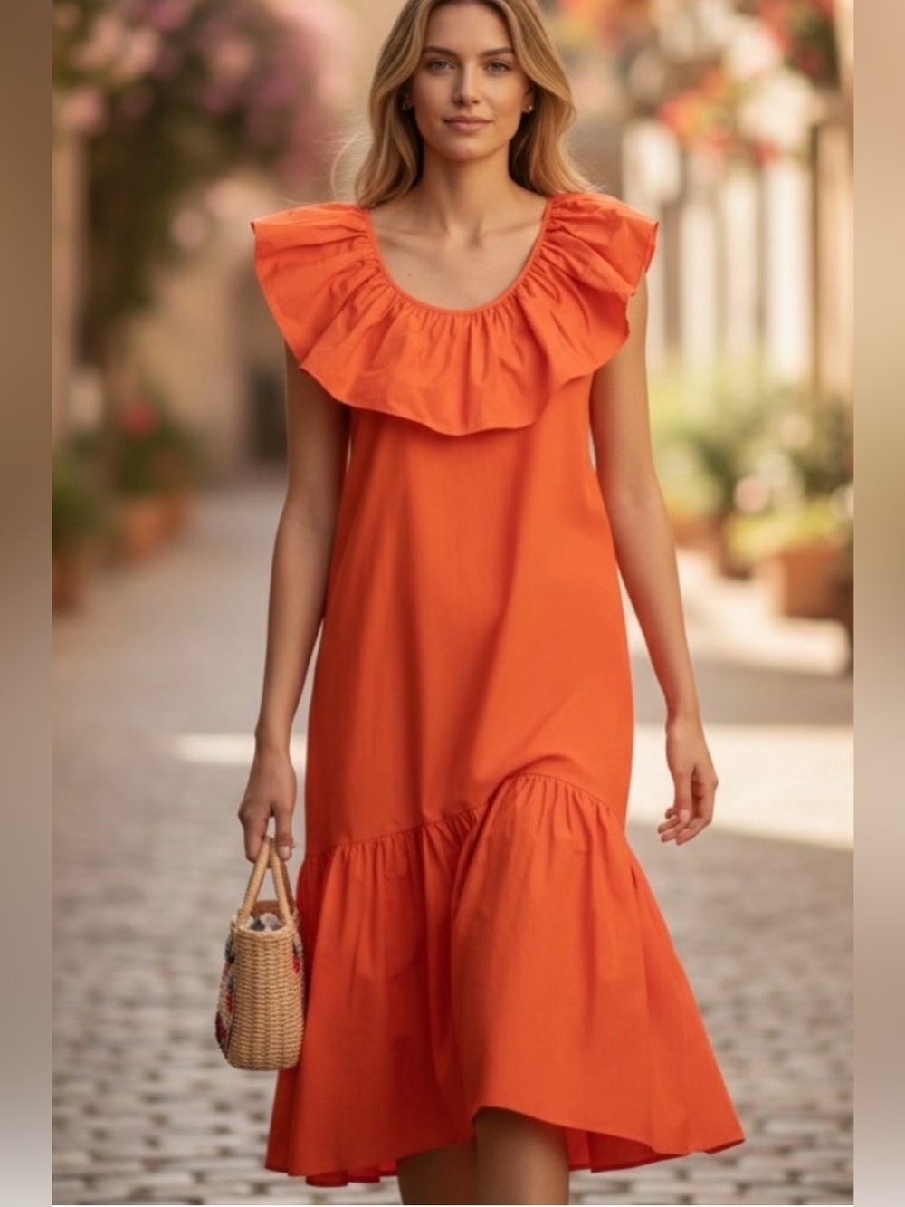 This is a vibrant orange Anthropologie WHIT TWO ruffled flouncy maxi dress.